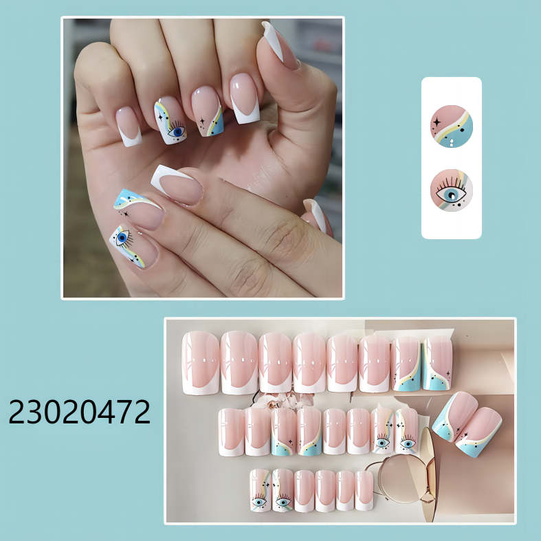 white blue with eyes short square machine press on nails
