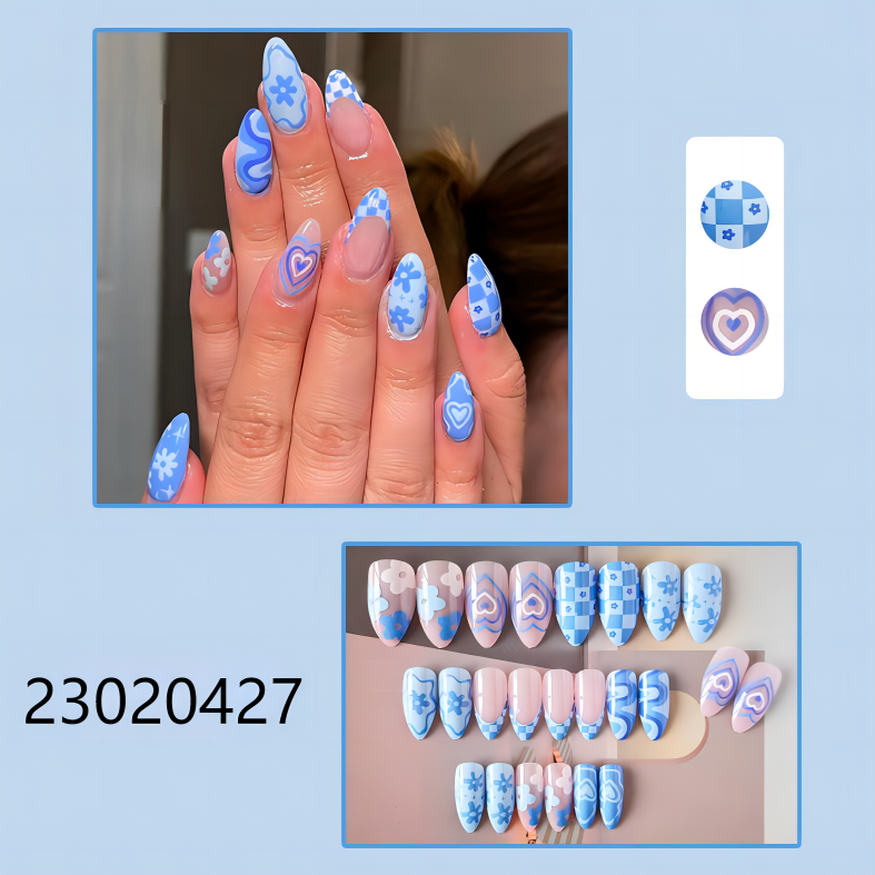blue flower heart middle almond machine press on nails